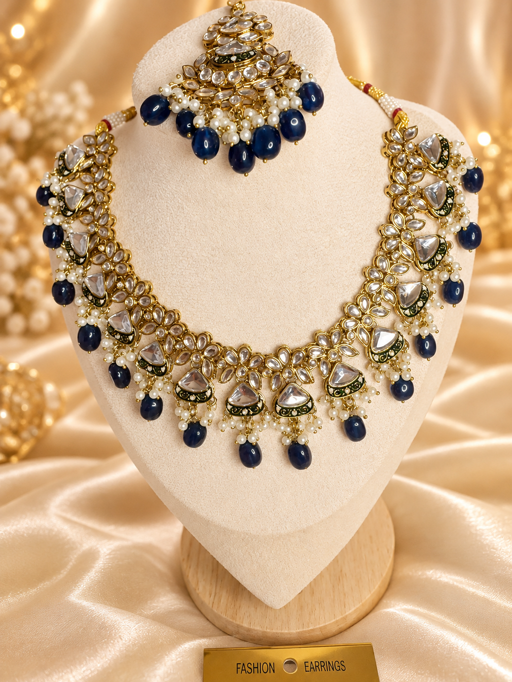 Royal Navy Blue Kundan Bridal Jewellery Set with Earrings & Maang Tikka