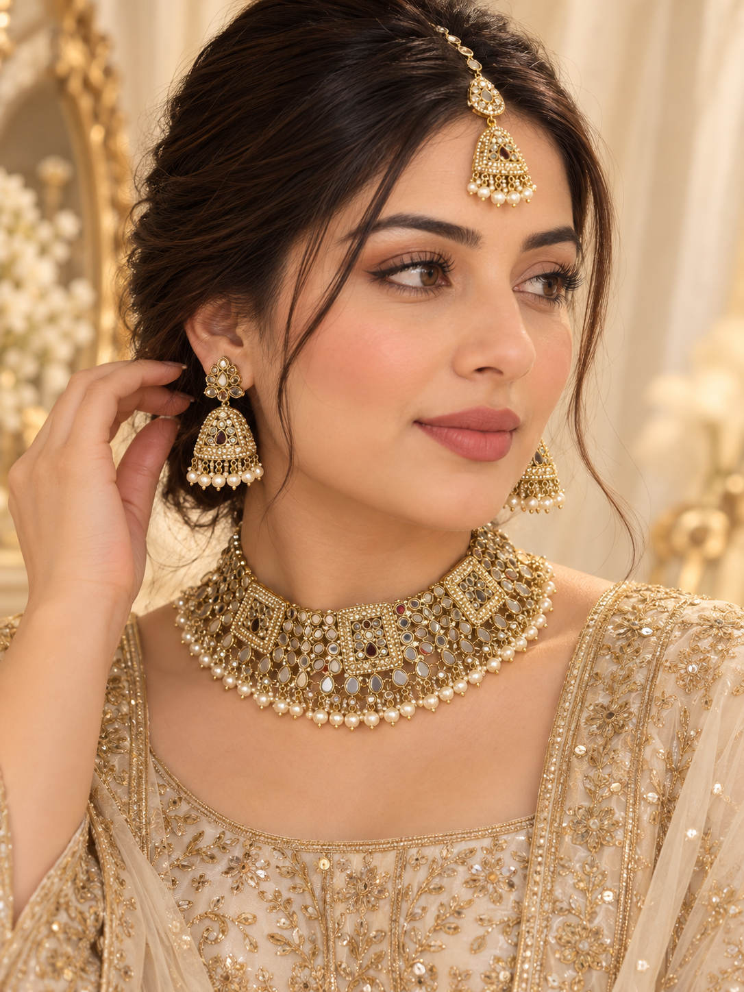 Royal Gold-Tone Bridal  Set with Jhumka Earrings & Maang Tikka – Pearl Drop Design