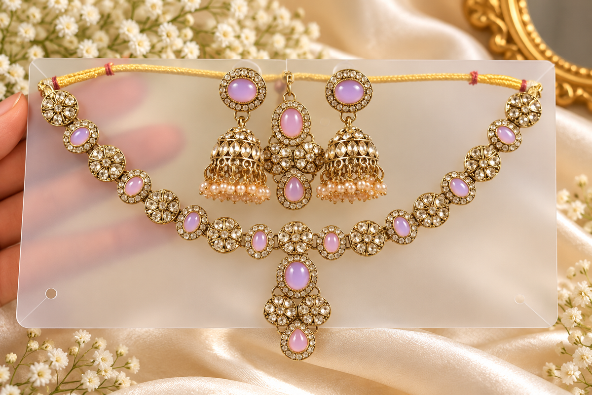 Elegant Kundan Style Necklace Set with Jhumka Earrings & Maang Tikka