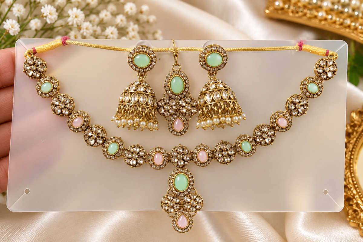 Elegant Kundan Style Necklace Set with Jhumka Earrings & Maang Tikka