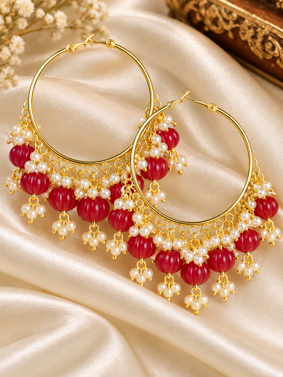Gold-Tone Pearl & Beaded Hoop Earrings – Festive Statement Jewellery