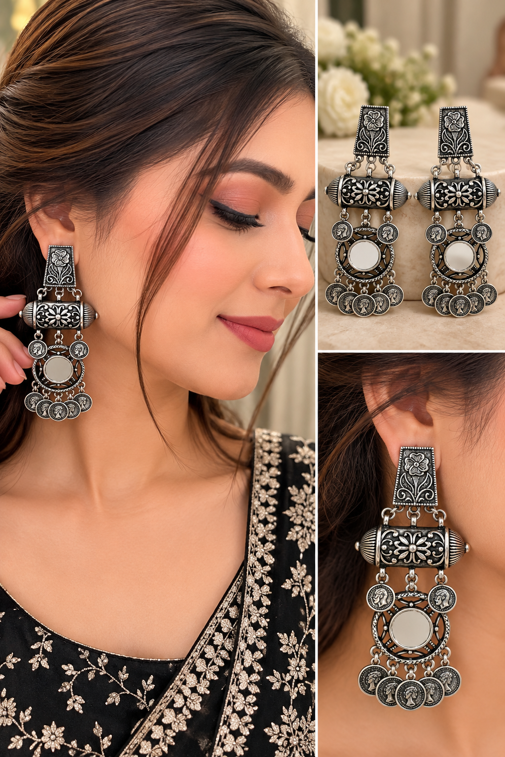 Oxidised Silver Coin Dangle Earrings