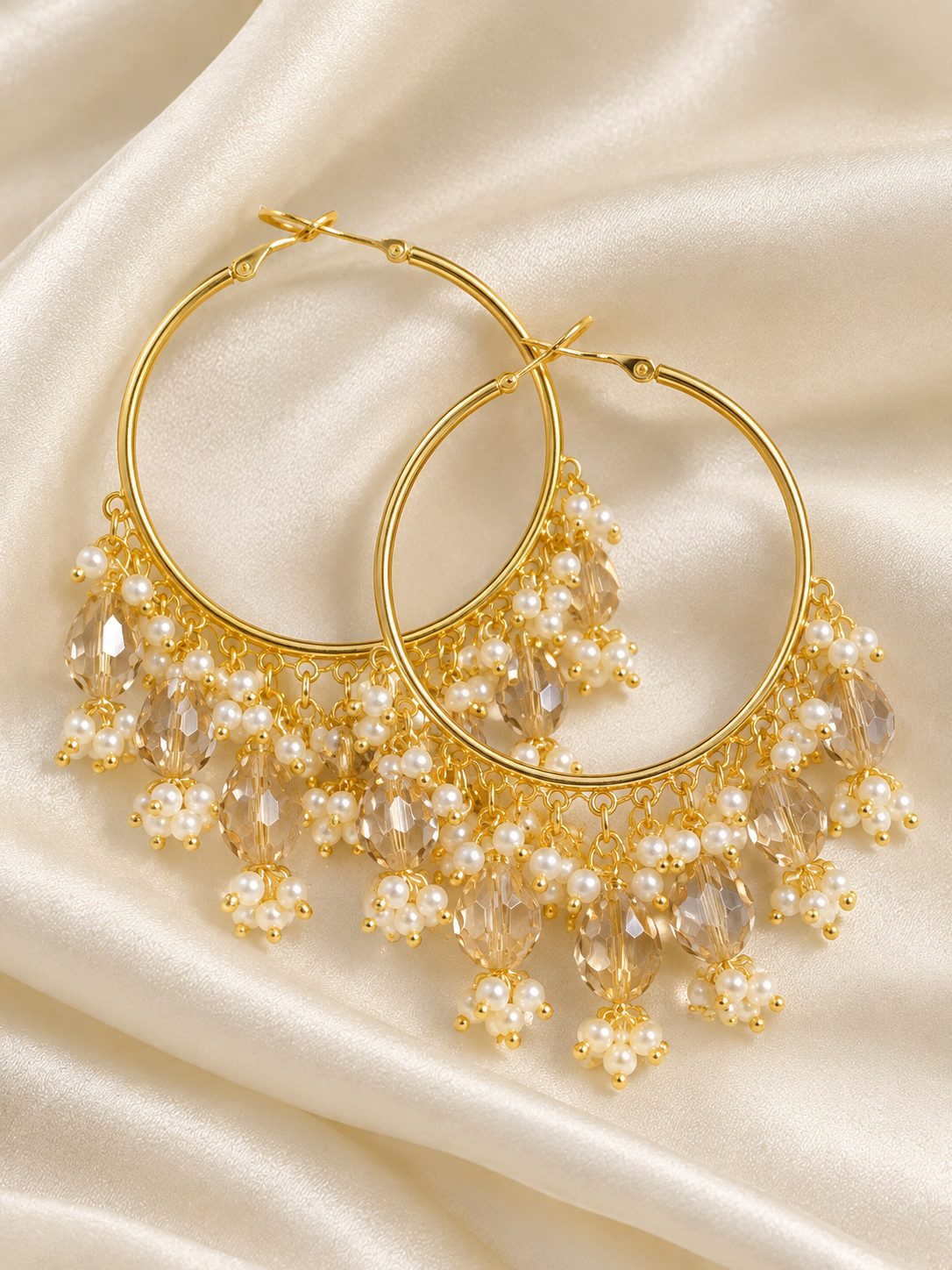 Gold-Tone Pearl & Beaded Hoop Earrings – Festive Statement Jewellery