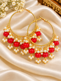 Gold-Tone Pearl & Beaded Hoop Earrings – Festive Statement Jewellery