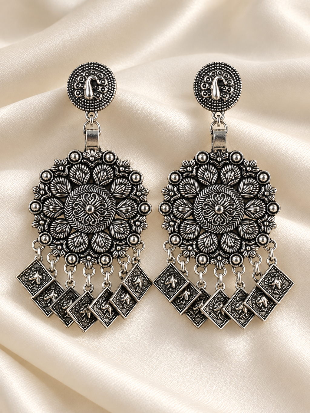 Oxidised Silver Coin Dangle Earrings