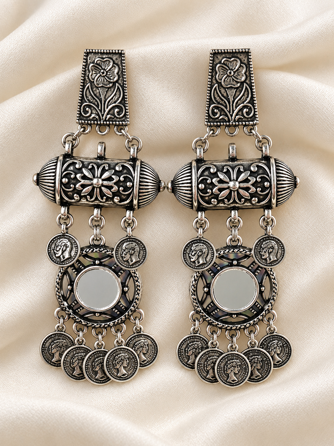 Oxidised Silver Coin Dangle Earrings