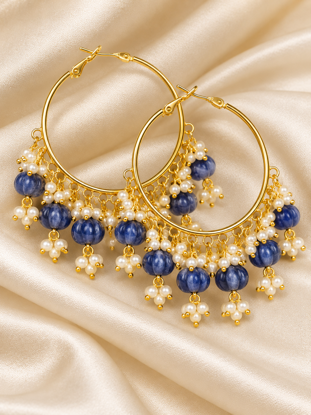 Gold-Tone Pearl & Beaded Hoop Earrings – Festive Statement Jewellery