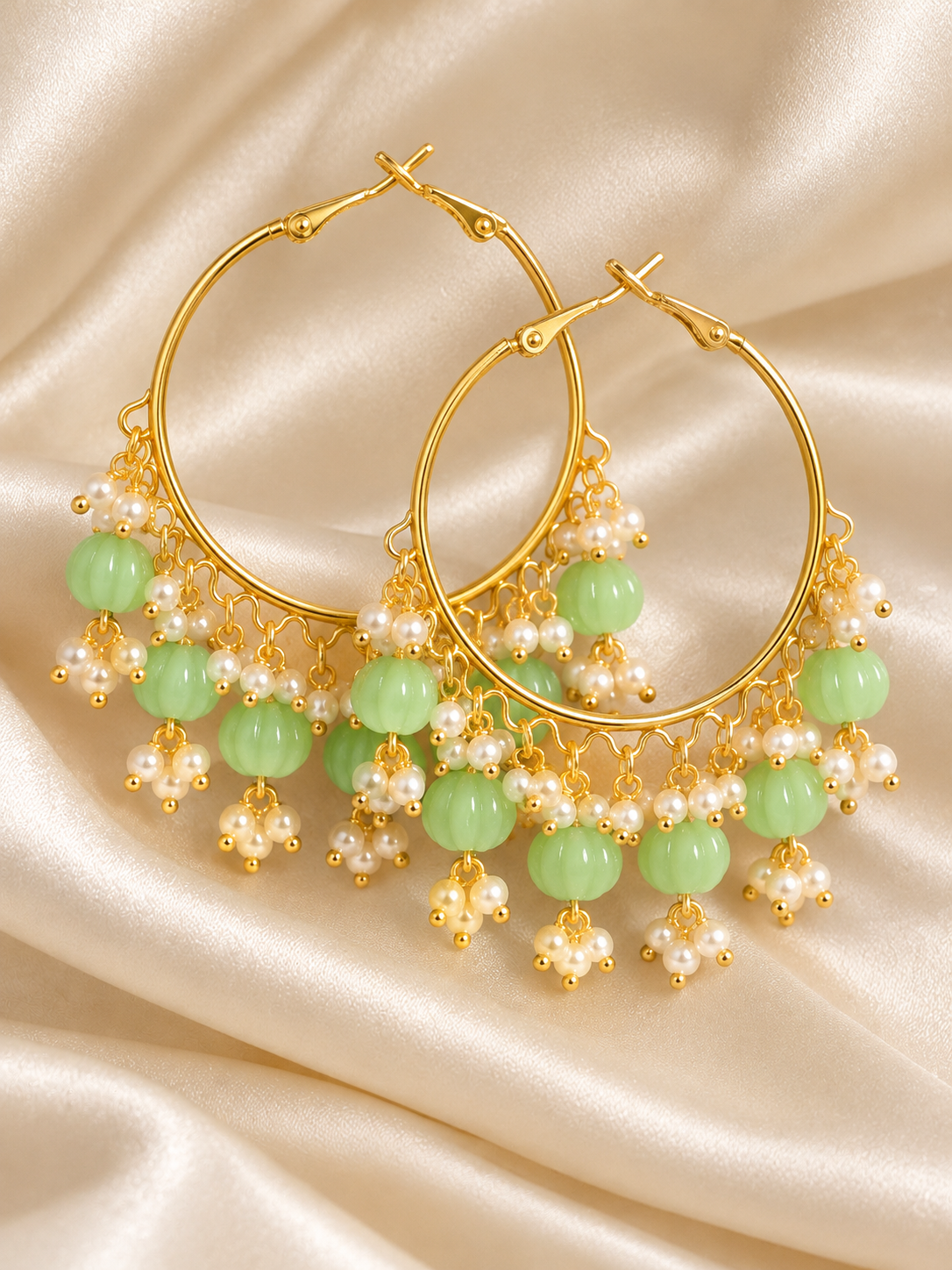 Gold-Tone Pearl & Beaded Hoop Earrings – Festive Statement Jewellery