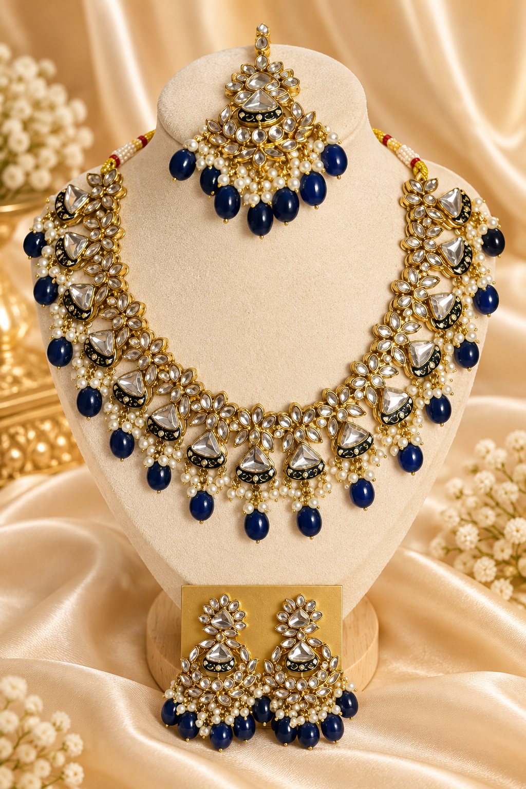 Royal Navy Blue Kundan Bridal Jewellery Set with Earrings & Maang Tikka