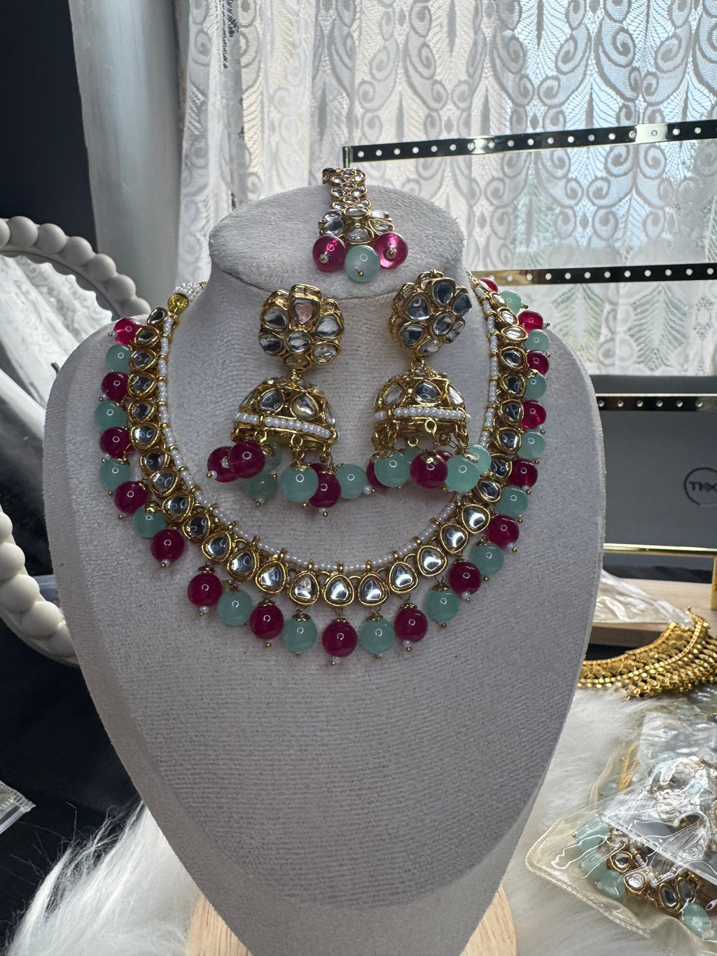 Kundan Style Pearl Beaded Necklace Set – 4 Colours