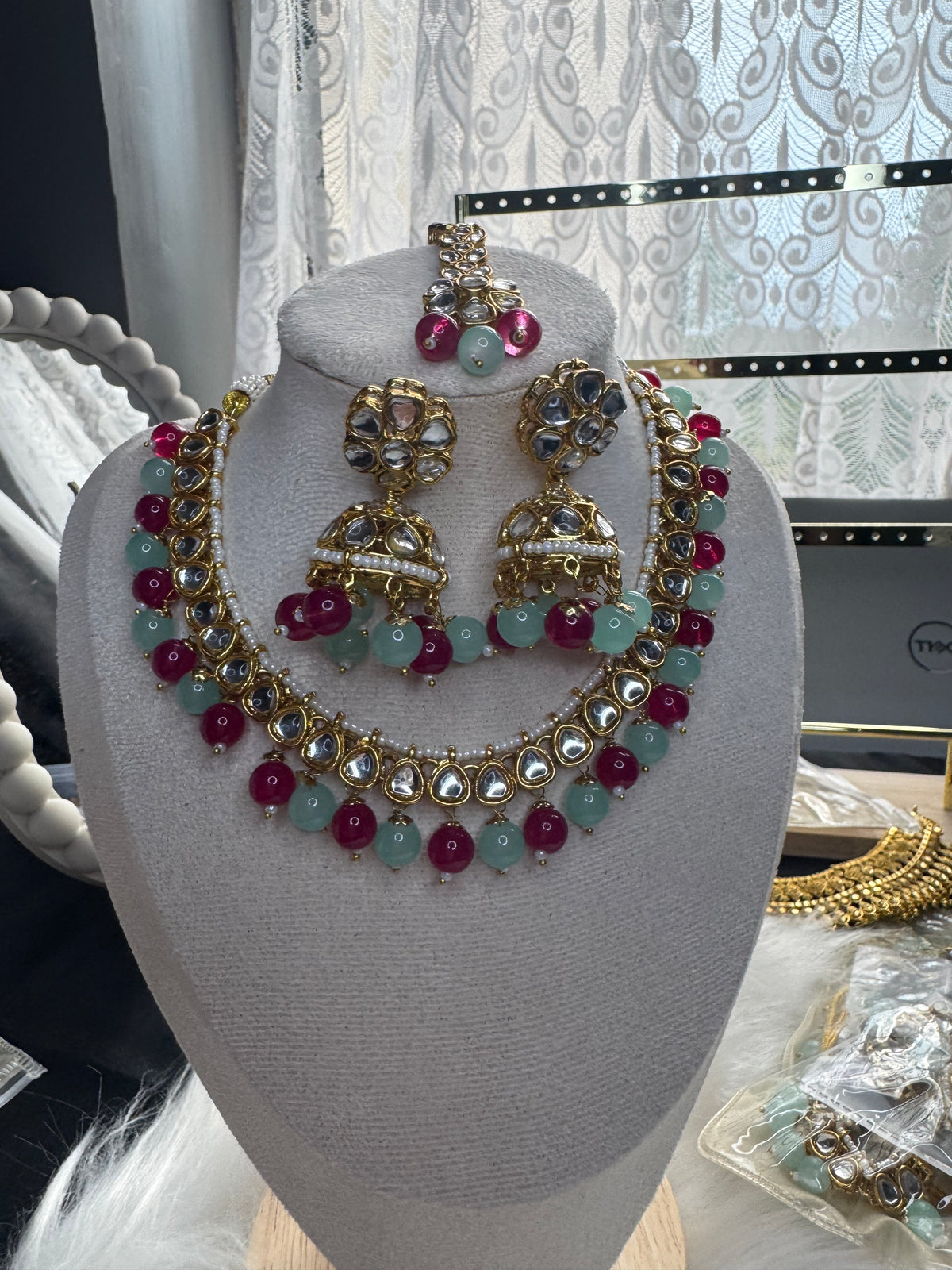 Kundan Style Pearl Beaded Necklace Set – 4 Colours