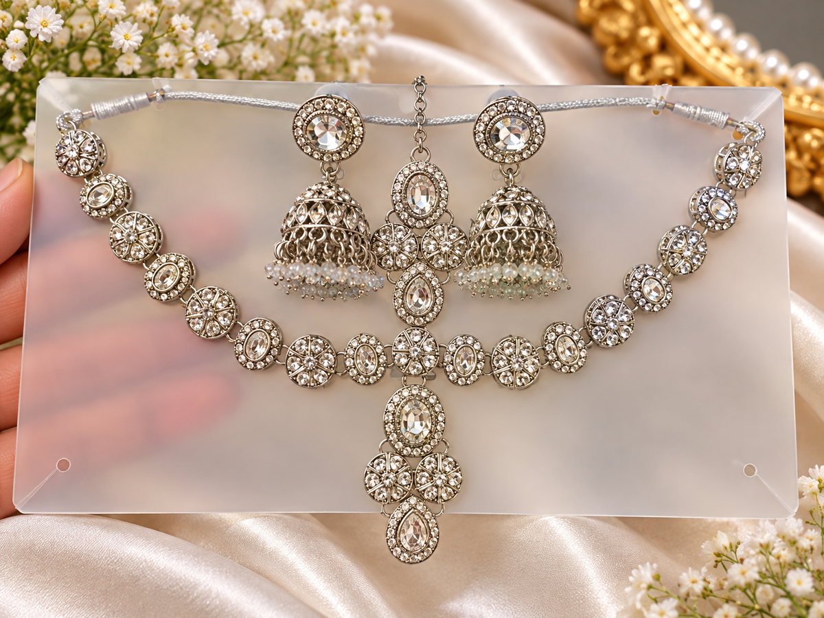 Elegant Kundan Style Necklace Set with Jhumka Earrings & Maang Tikka