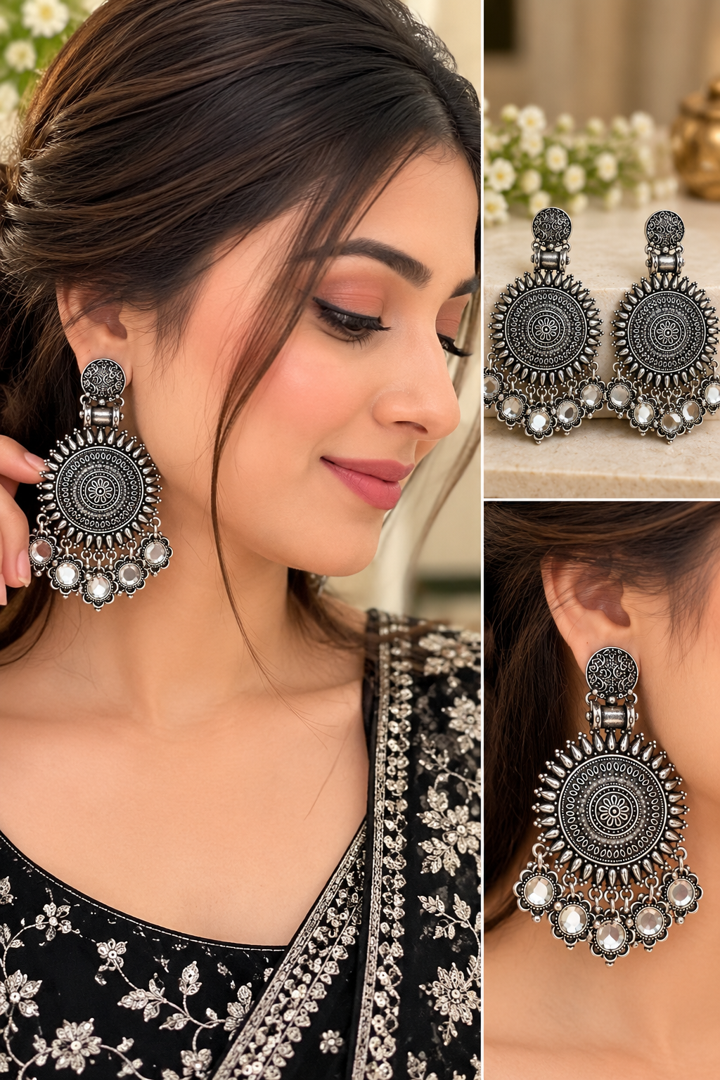 Oxidised Silver Floral Statement Earrings