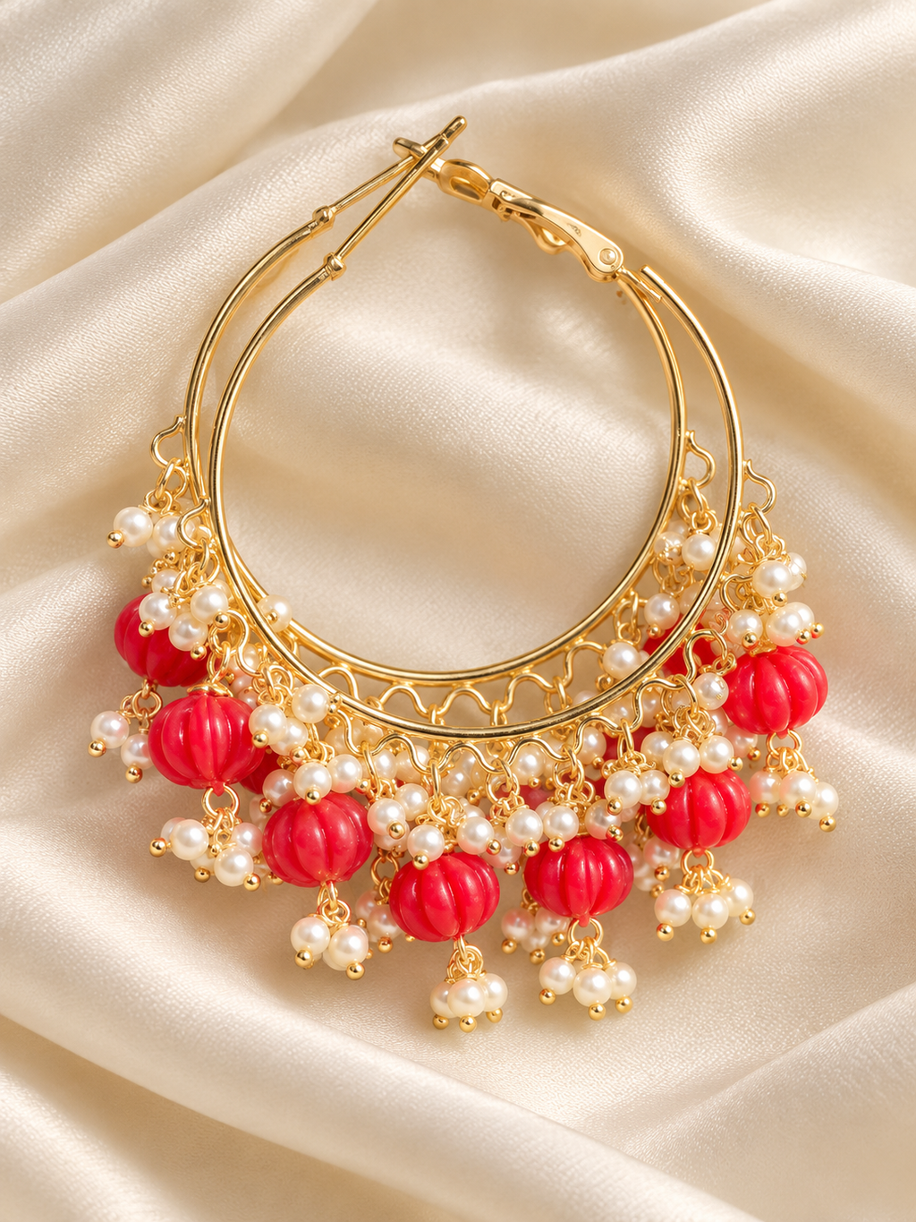 Gold-Tone Pearl & Beaded Hoop Earrings – Festive Statement Jewellery
