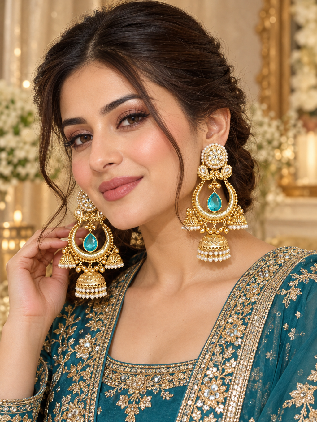 Golden Turquoise Blue Stone Jhumka Earrings with Pearl Details