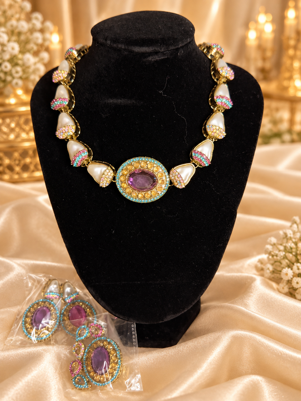 Royal Multicolour Kundan Necklace Set – Adjustable Traditional Indian Jewellery