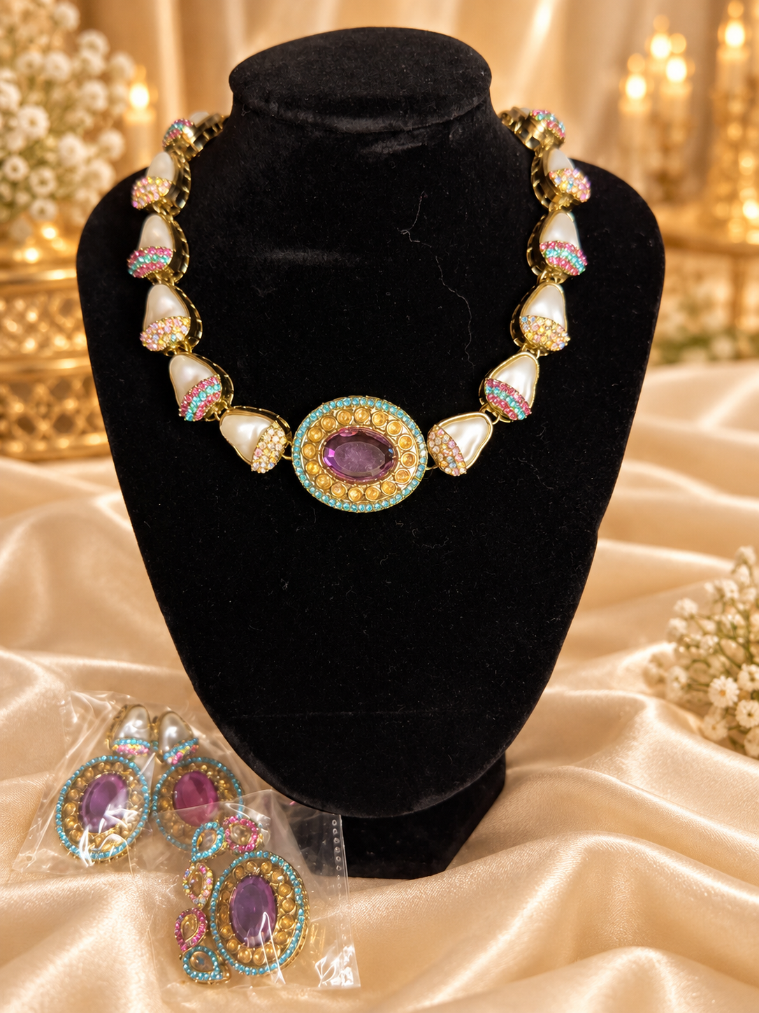 Royal Multicolour Kundan Necklace Set – Adjustable Traditional Indian Jewellery