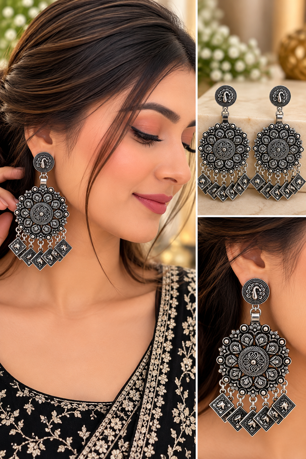 Oxidised Silver Coin Dangle Earrings