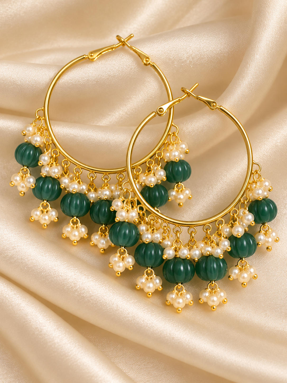 Gold-Tone Pearl & Beaded Hoop Earrings – Festive Statement Jewellery