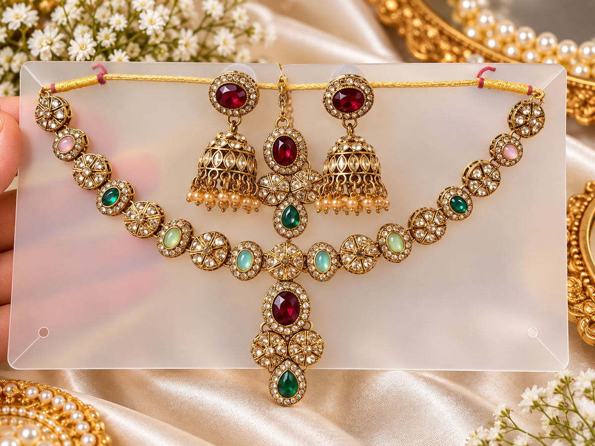 Elegant Kundan Style Necklace Set with Jhumka Earrings & Maang Tikka