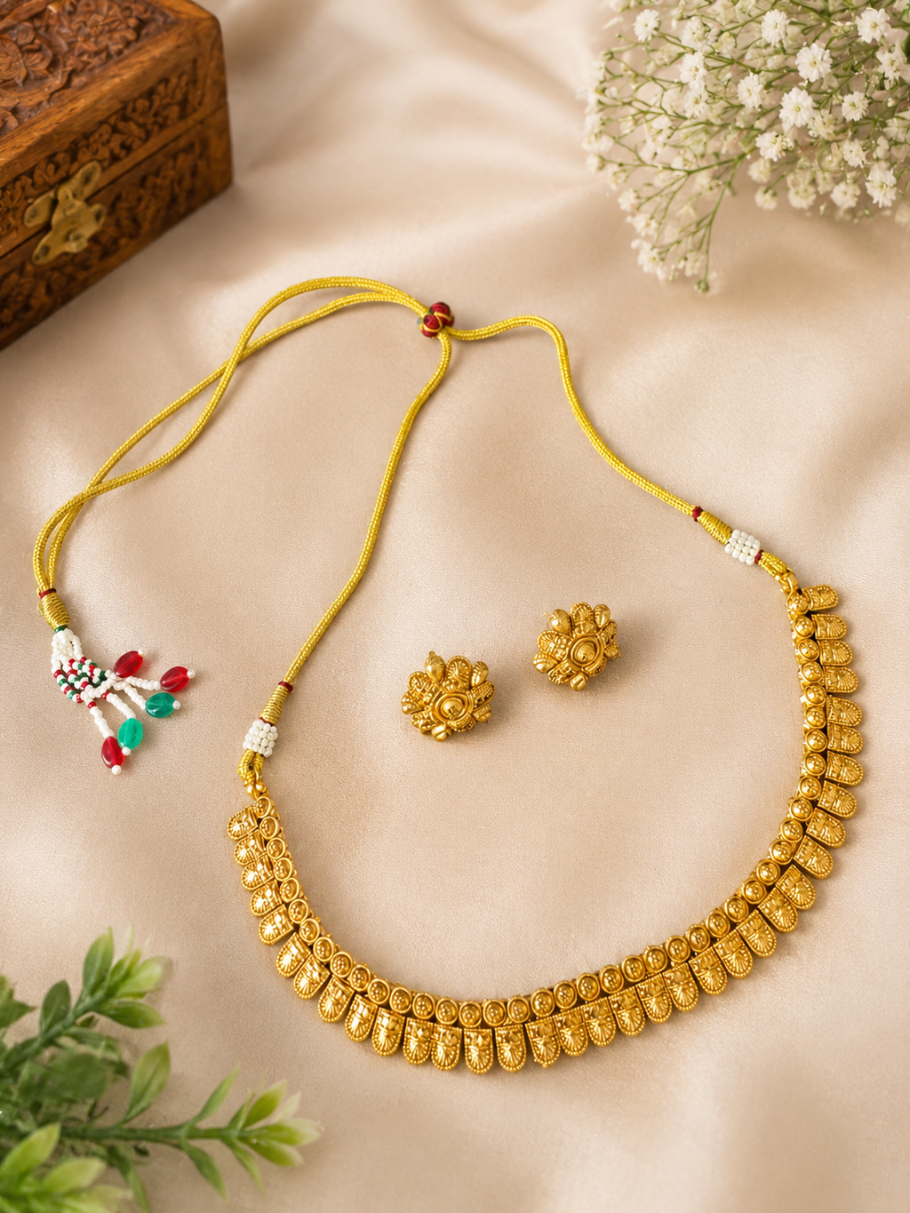 Traditional Gold-Tone Necklace Set with Matching Earrings