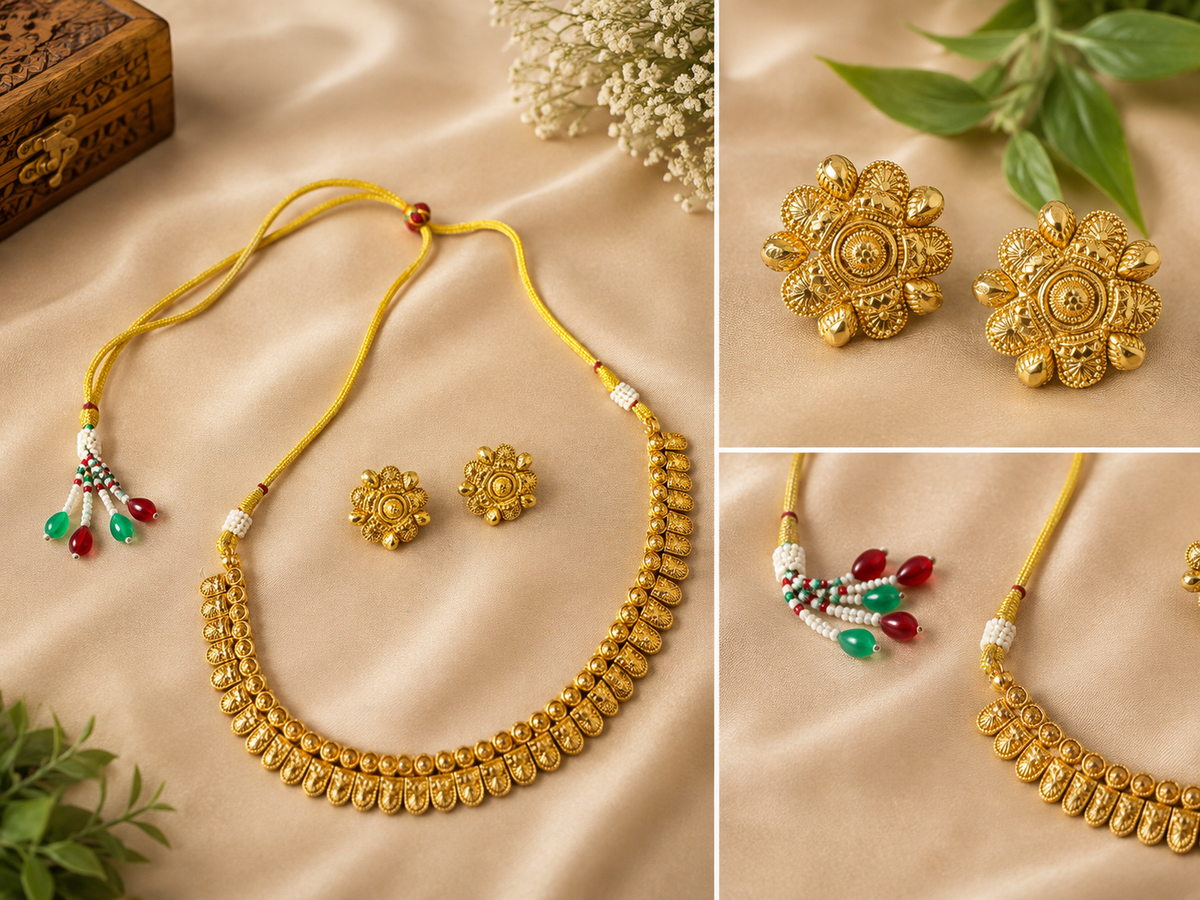 Traditional Gold-Tone Necklace Set with Matching Earrings