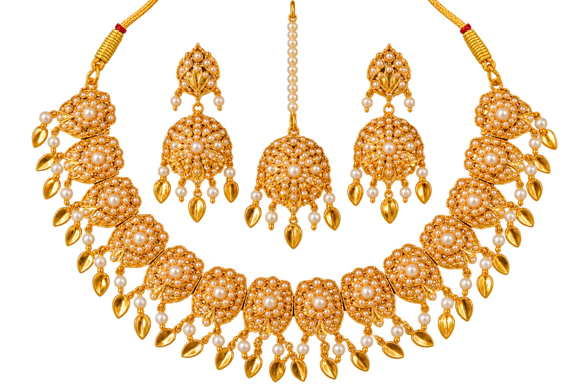 Pearl & Gold-Tone Traditional Bridal Necklace Set with Matching Earrings & Maang Tikka
