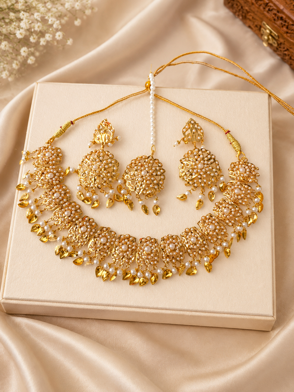 Pearl & Gold-Tone Traditional Bridal Necklace Set with Matching Earrings & Maang Tikka