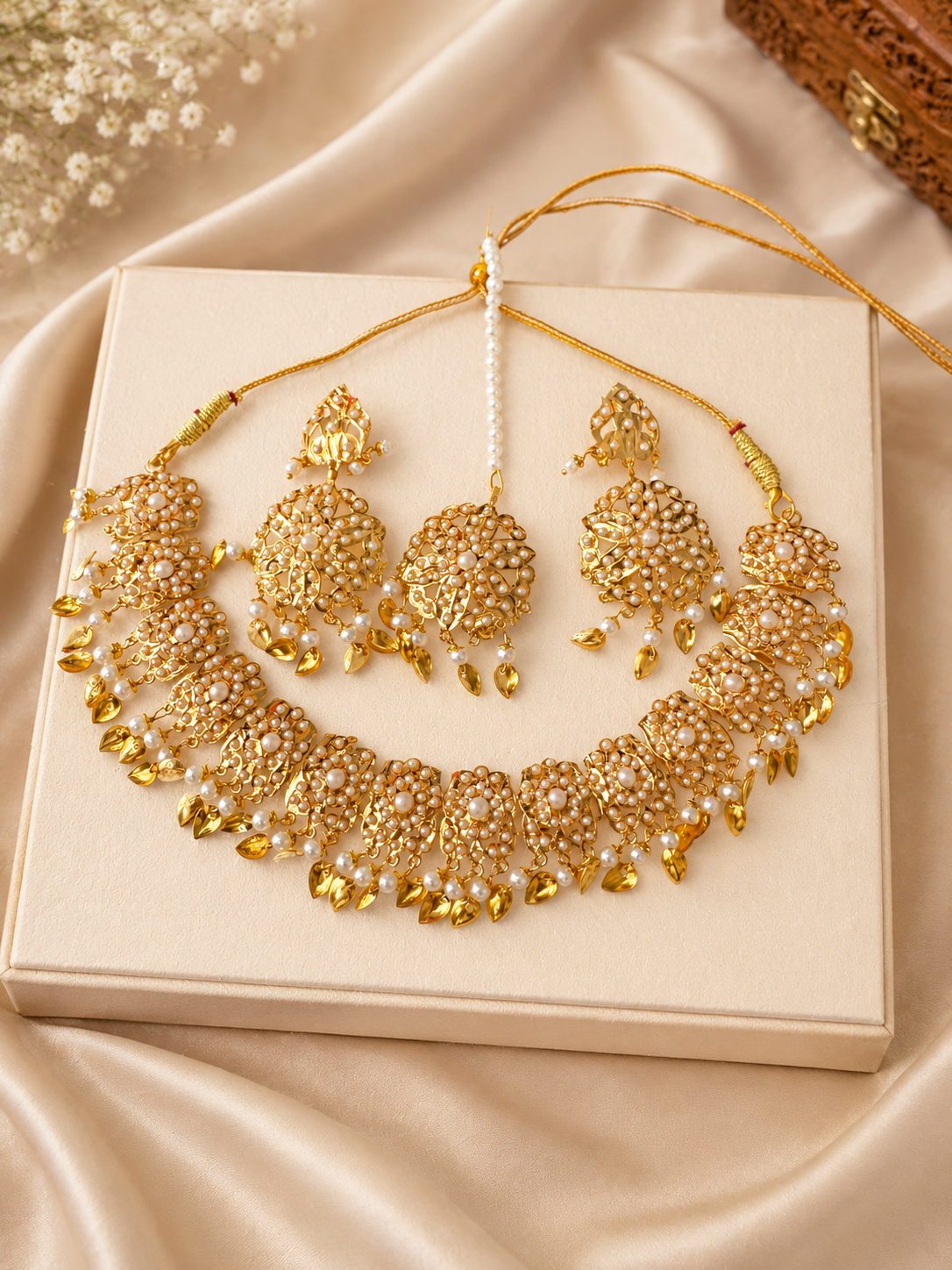 Pearl & Gold-Tone Traditional Bridal Necklace Set with Matching Earrings & Maang Tikka