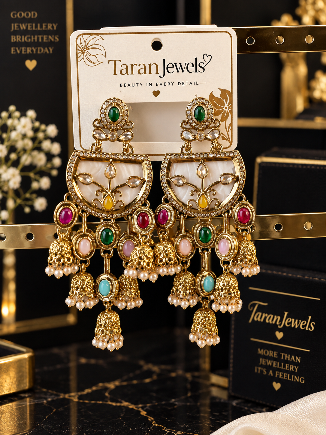 Kundan Multicolour Pearl Chandelier Earrings