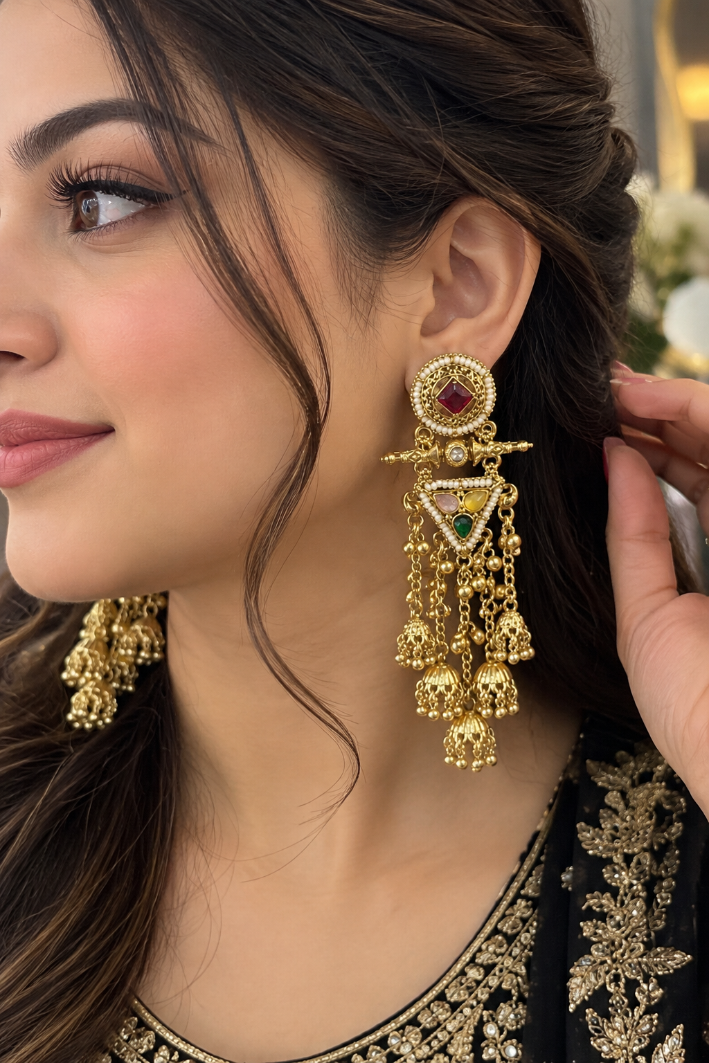 Kashmiri Style Kundan Statement Chandelier Earrings