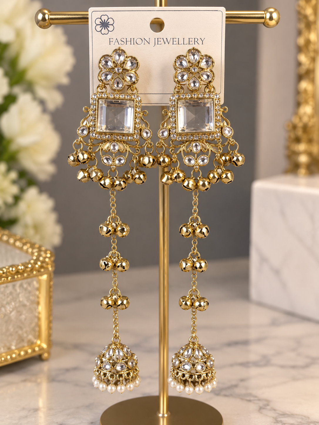 Kashmiri Style Kundan Long Drop Jhumka Earrings