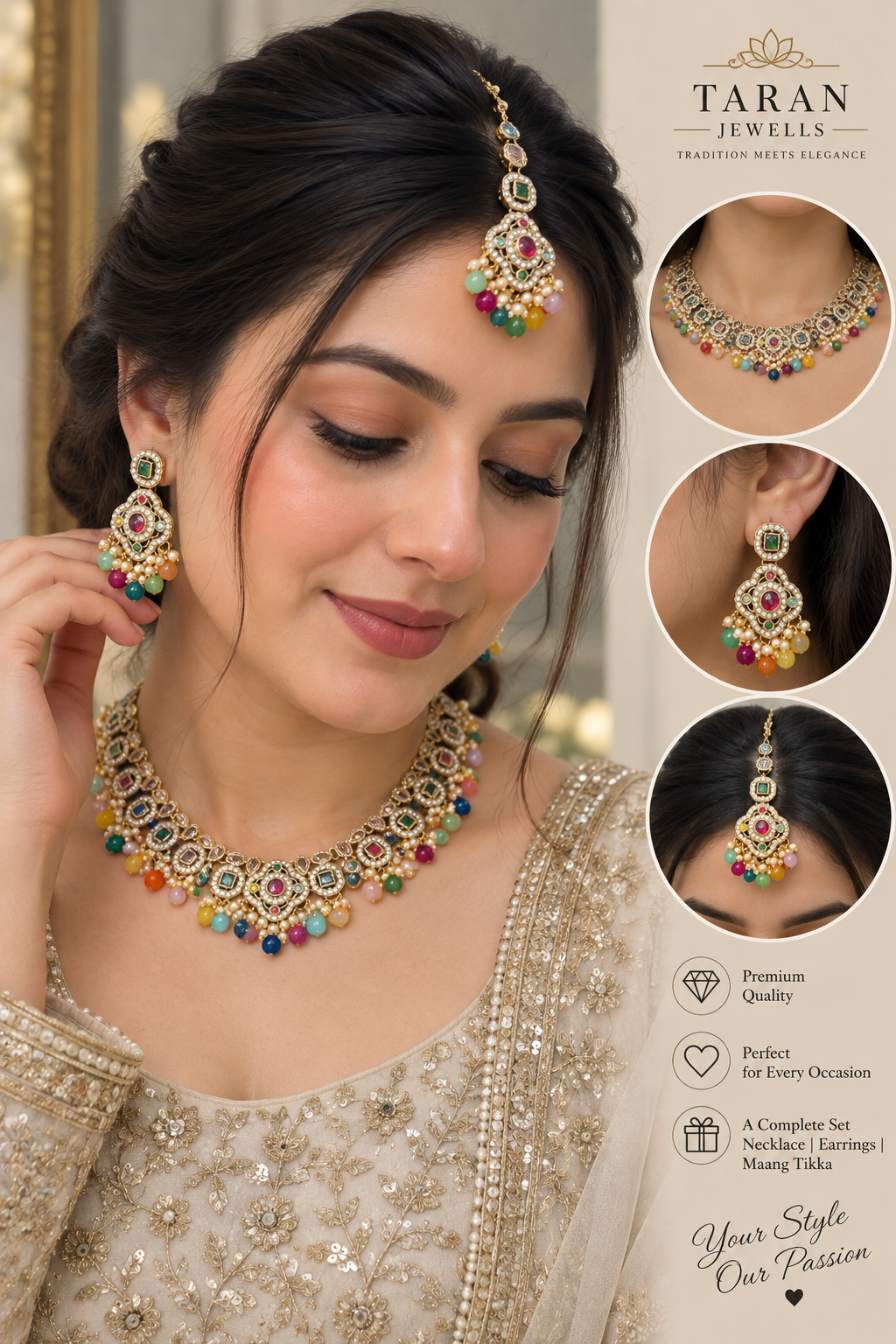 Elegant Kundan Pearl Bridal Jewellery Set – Multicolour & Gold White