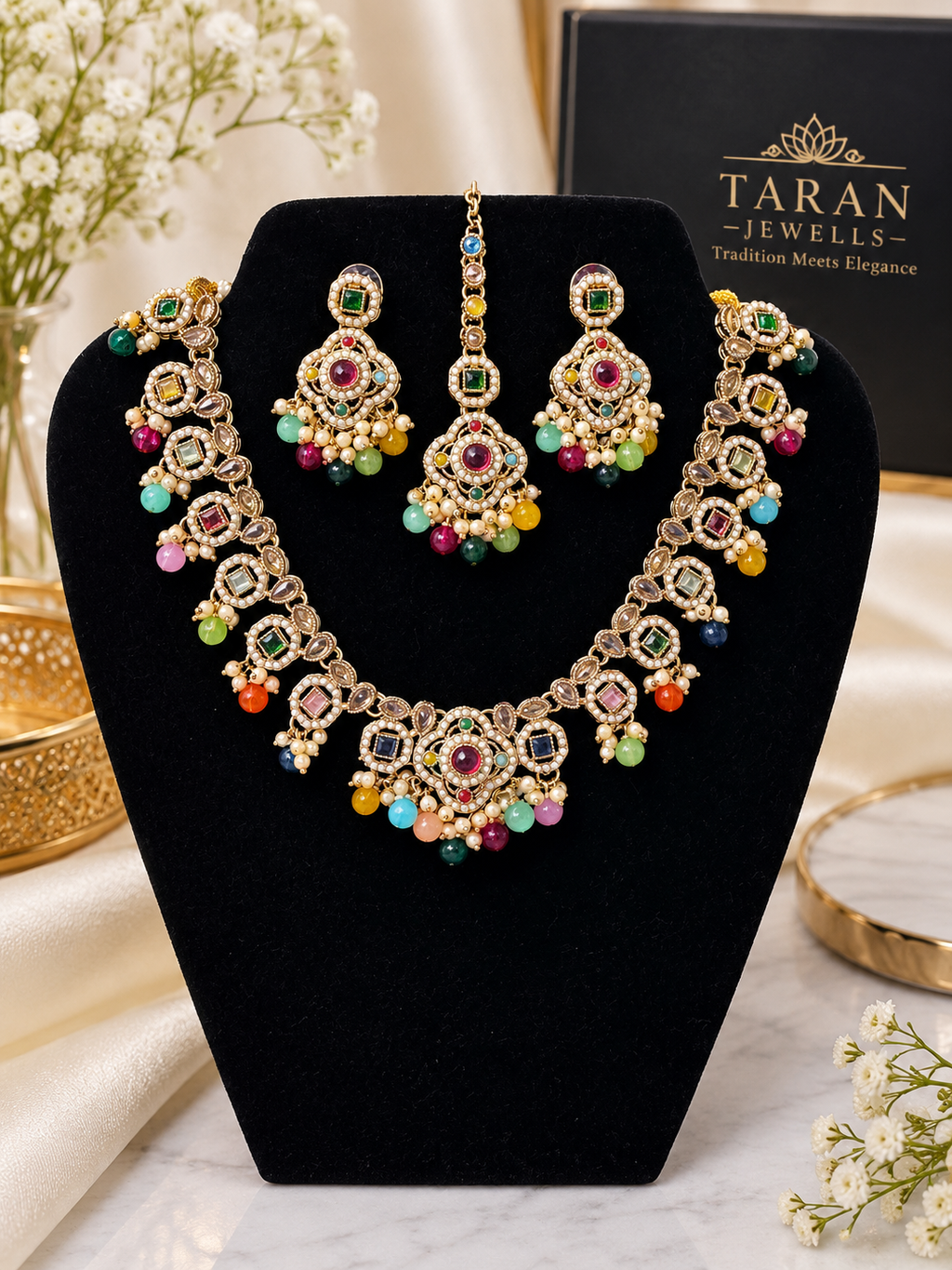 Elegant Kundan Pearl Bridal Jewellery Set – Multicolour & Gold White