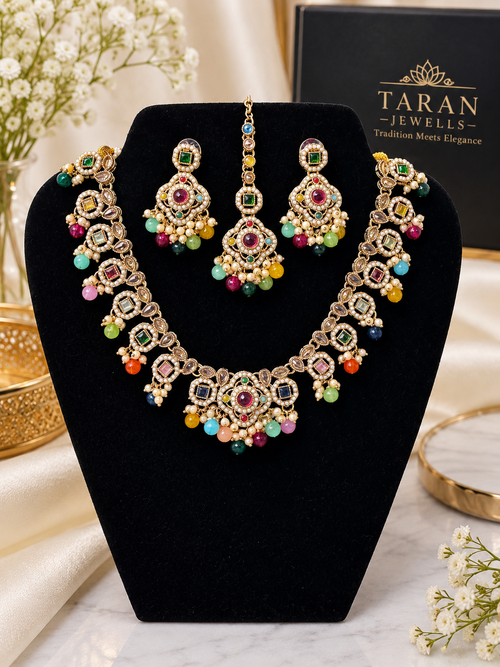 Elegant Kundan Pearl Bridal Jewellery Set – Multicolour & Gold White
