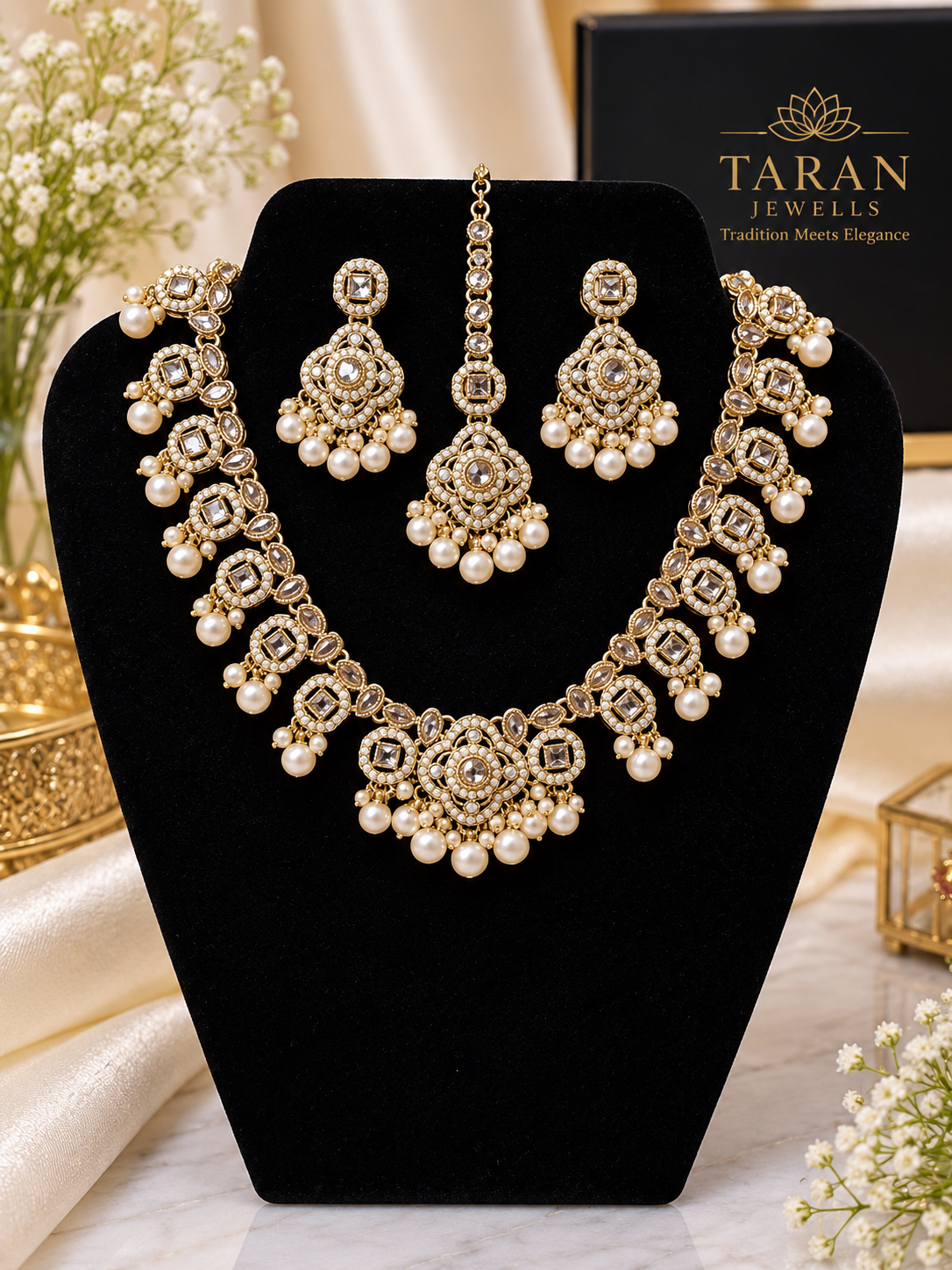 Elegant Kundan Pearl Bridal Jewellery Set – Multicolour & Gold White