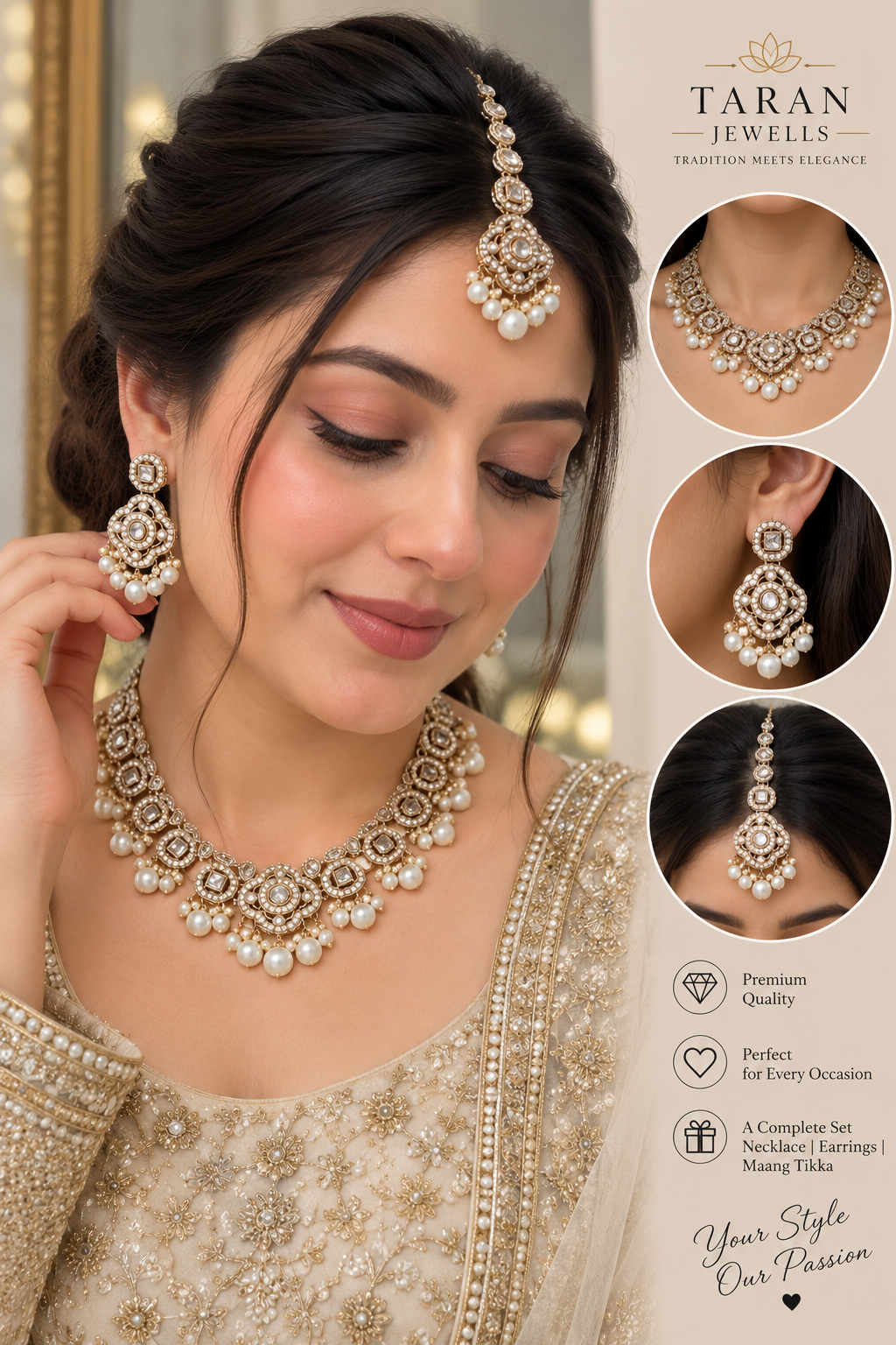 Elegant Kundan Pearl Bridal Jewellery Set – Multicolour & Gold White