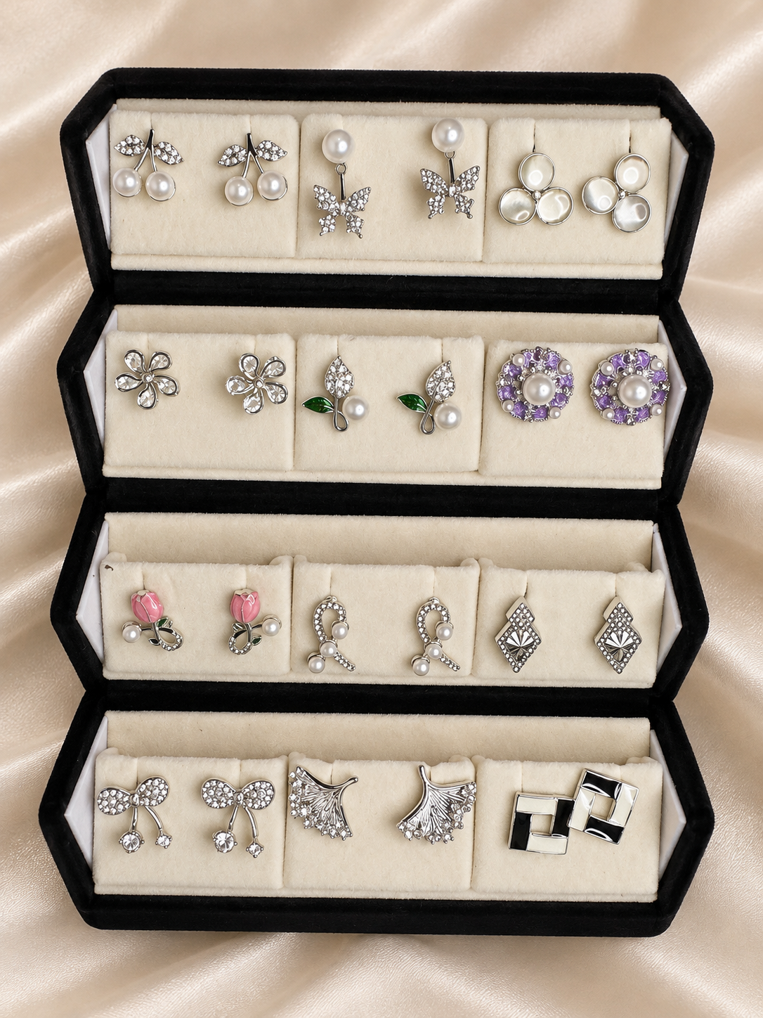 Silver-Tone Stud Earrings Collection with Jewellery Storage Box