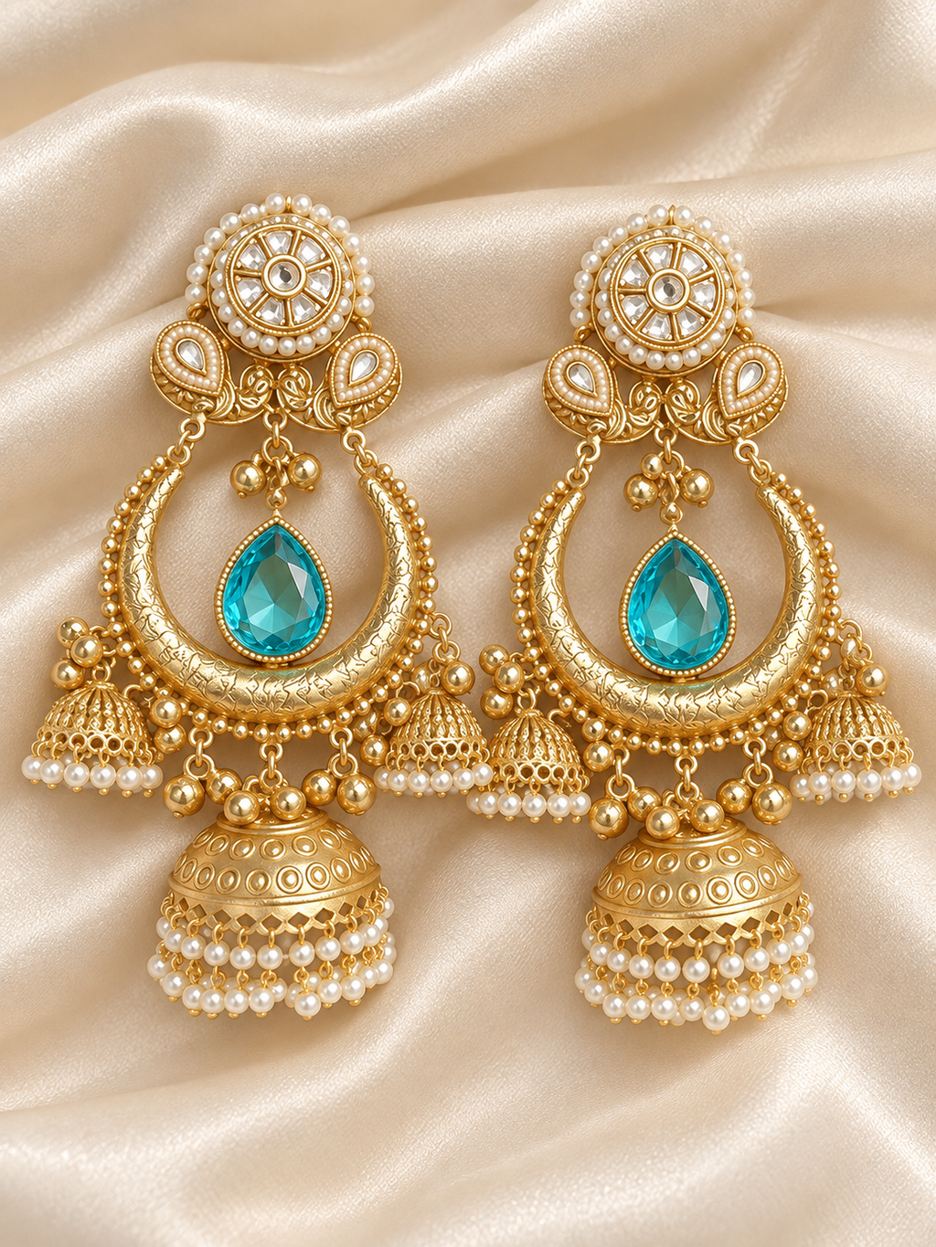Golden Turquoise Blue Stone Jhumka Earrings with Pearl Details