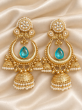 Golden Turquoise Blue Stone Jhumka Earrings with Pearl Details