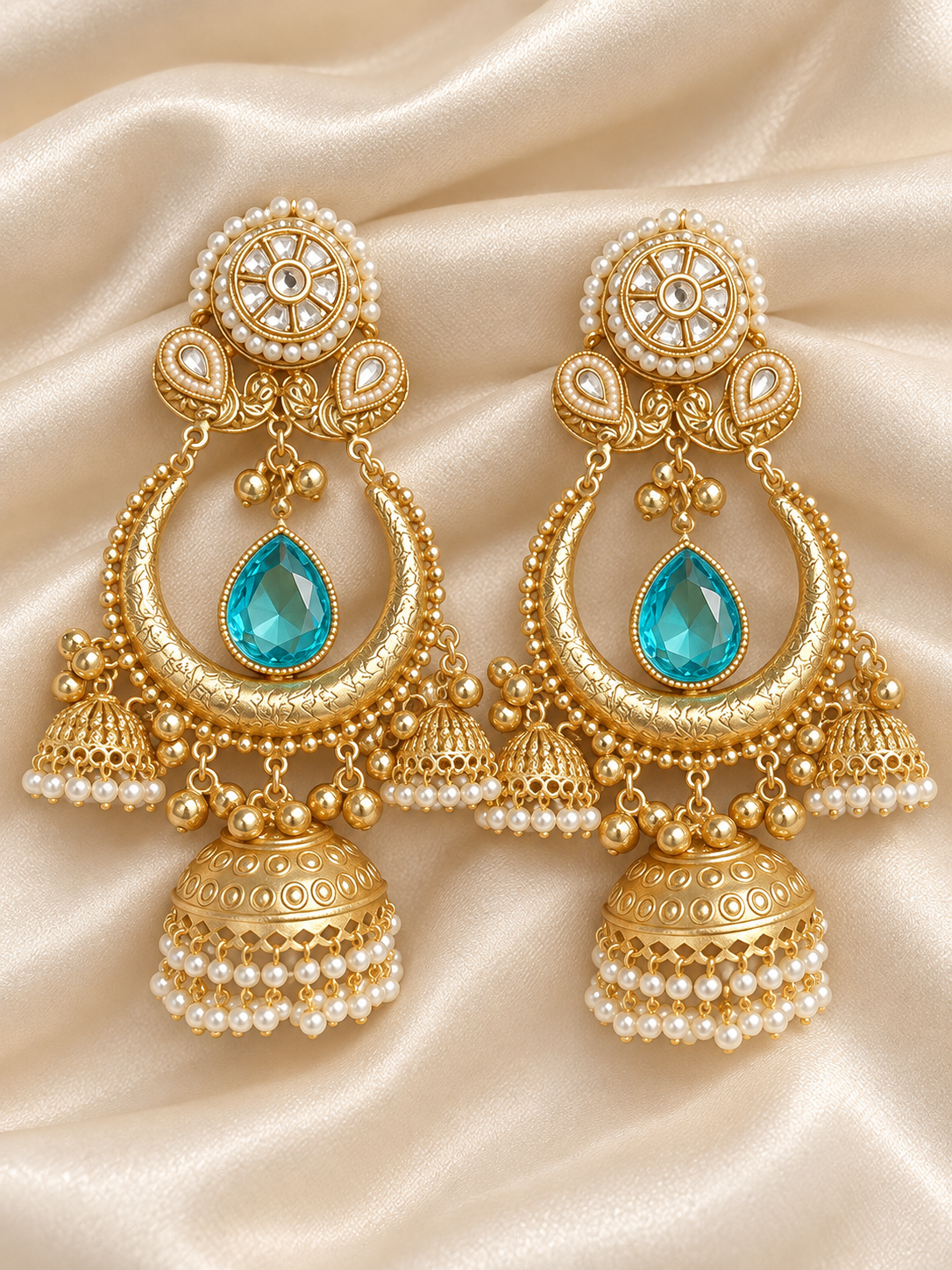 Golden Turquoise Blue Stone Jhumka Earrings with Pearl Details