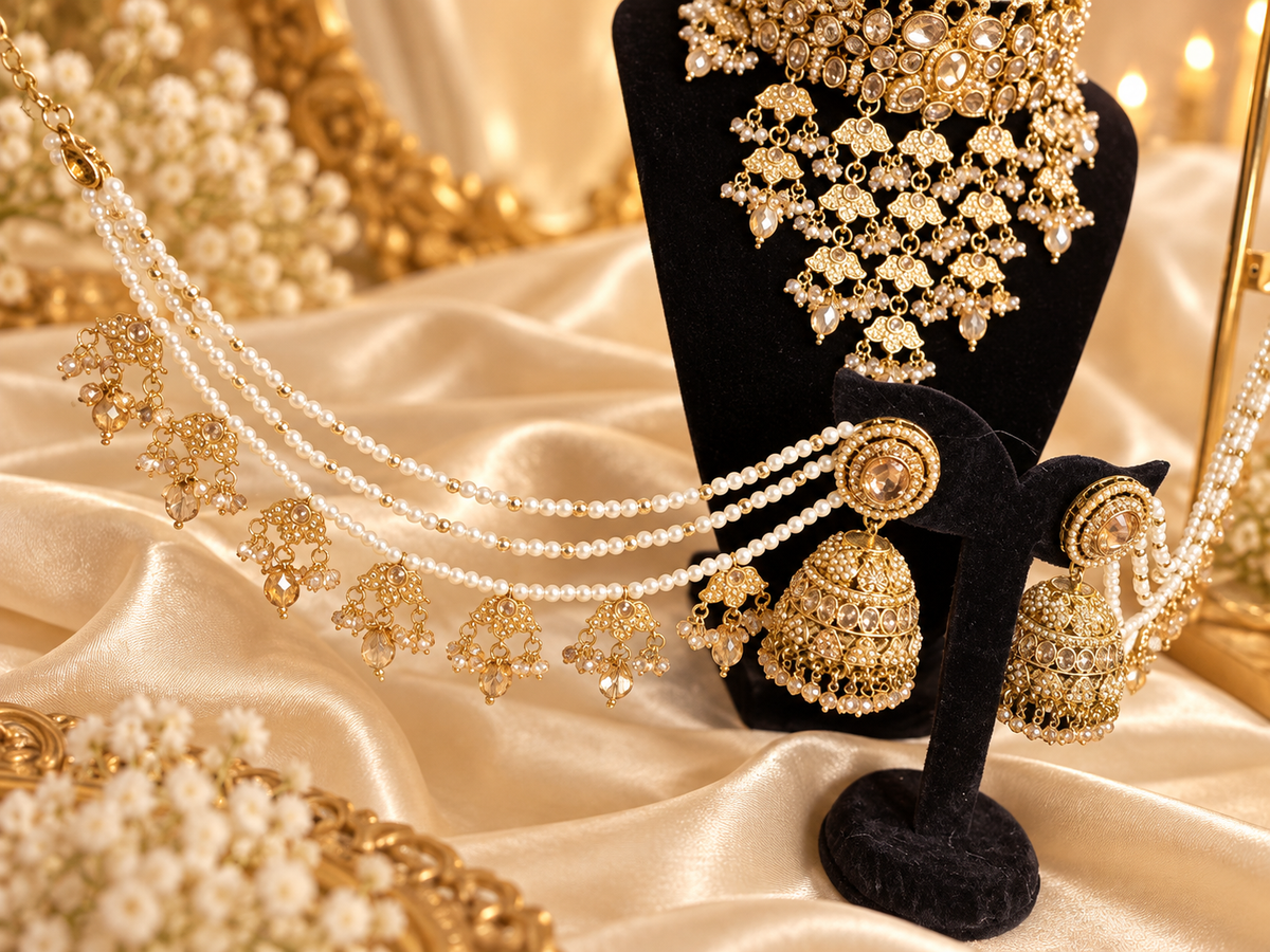 Premium Gold-Tone Waterfall Necklace Set with Bahubali-Style Earrings