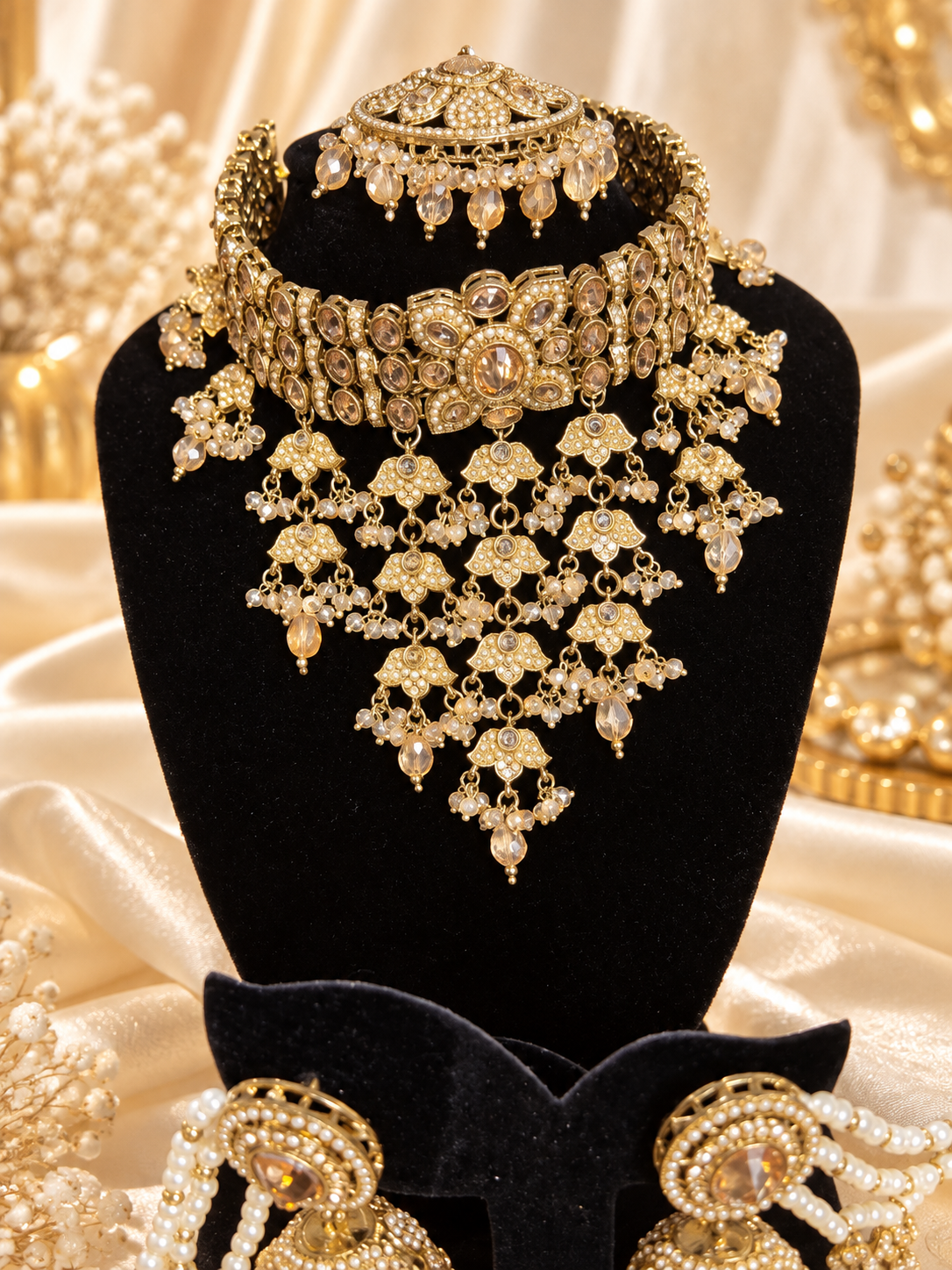 Premium Gold-Tone Waterfall Necklace Set with Bahubali-Style Earrings
