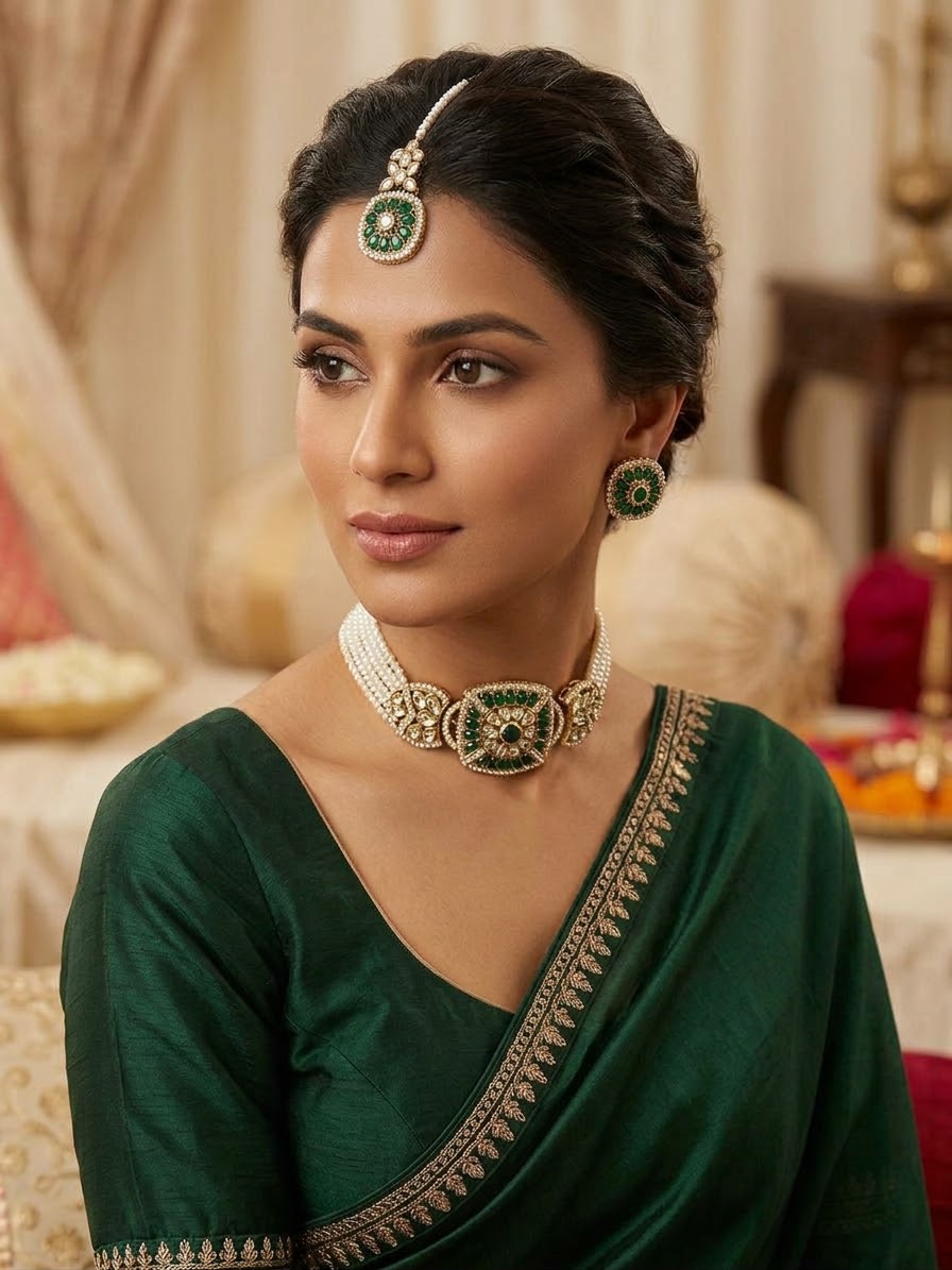 Royal Kundan-Style Choker Set with Matching Earrings & Maang Tikka