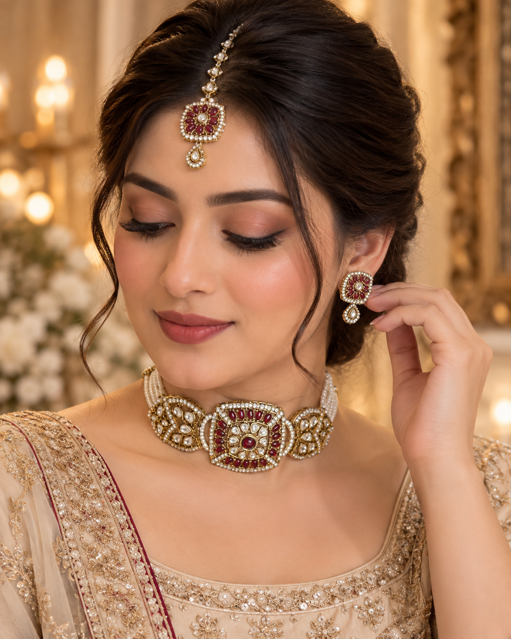 Royal Kundan-Style Choker Set with Matching Earrings & Maang Tikka