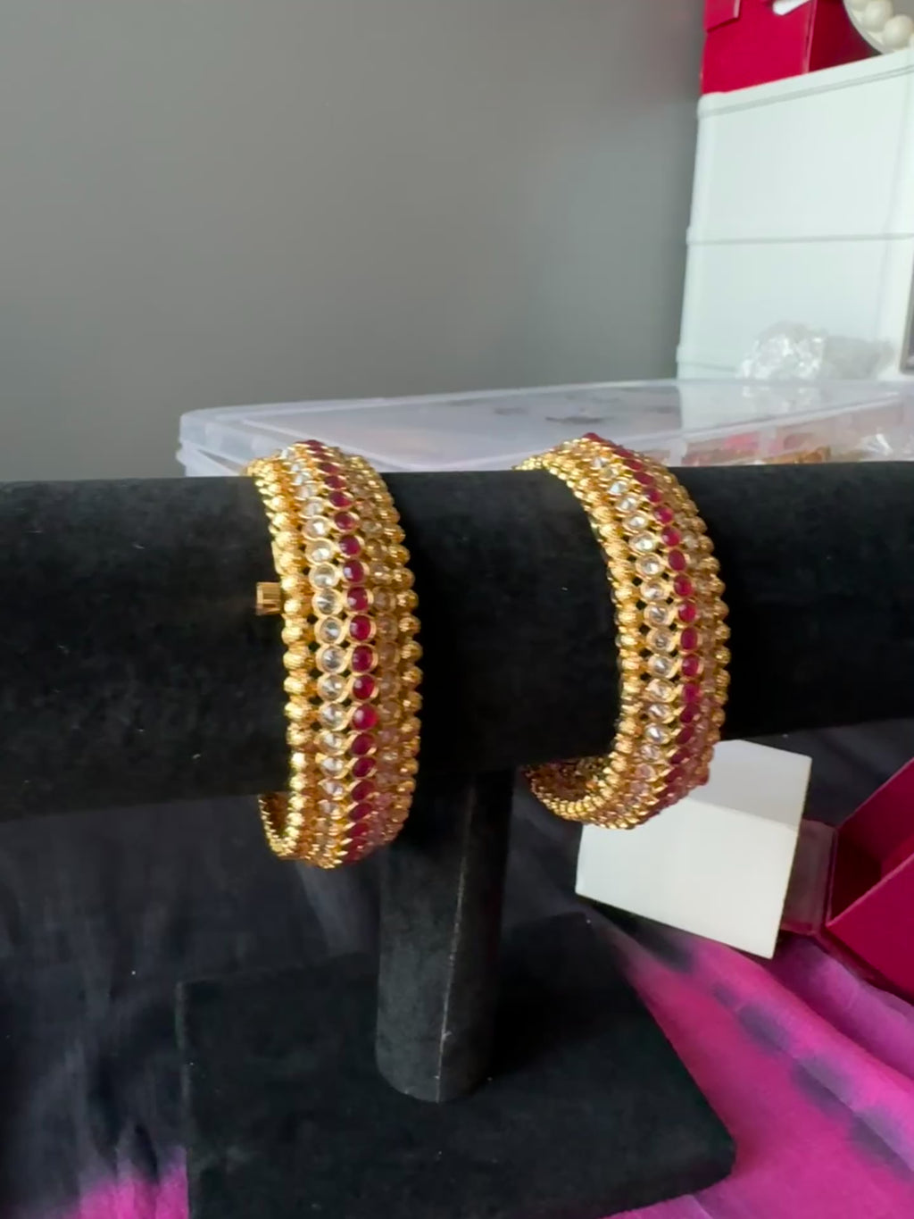 Elegant Gold-Tone Ruby Stone Bangles